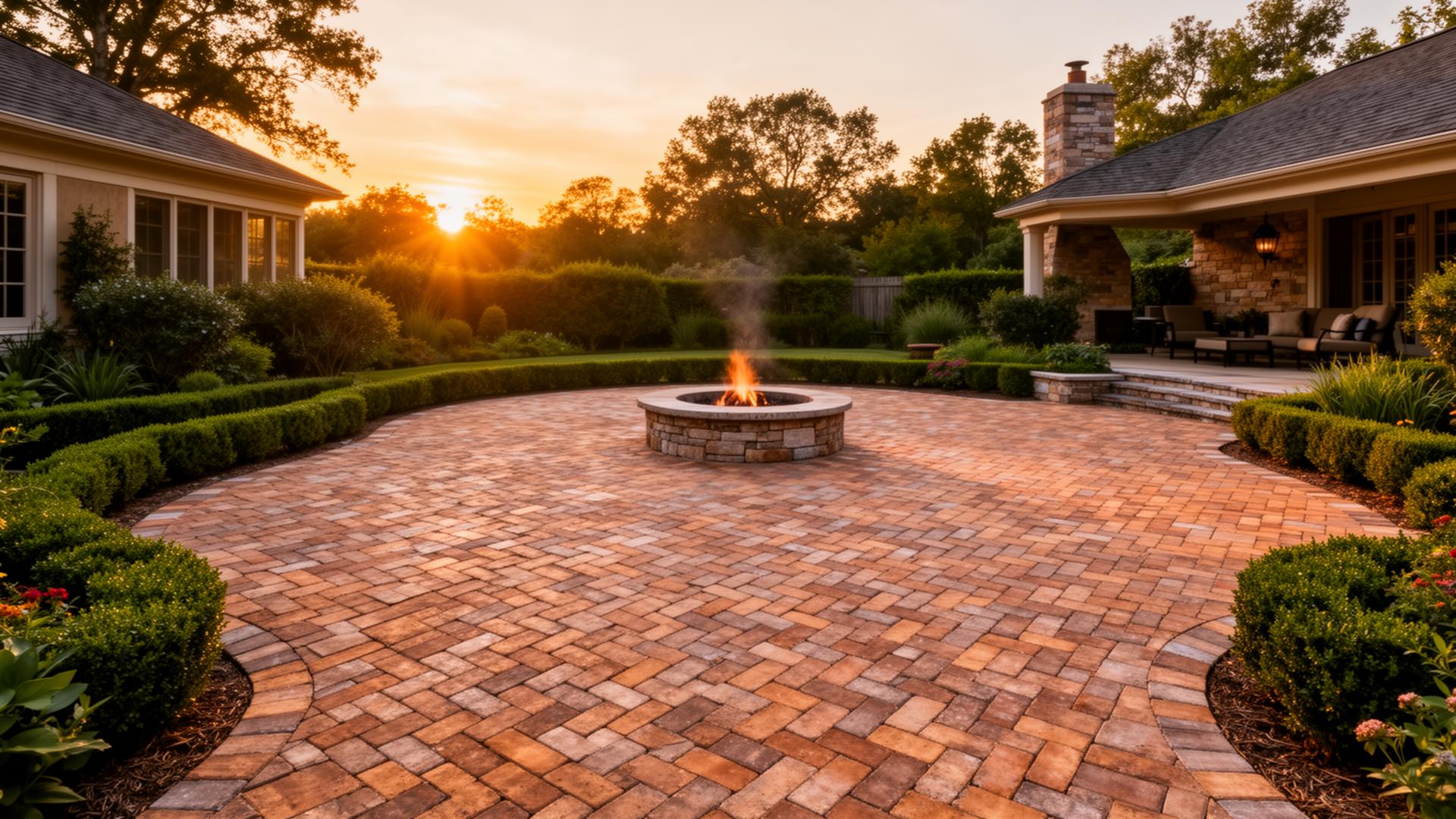 Beautiful brick paver patio with fire pit at sunset